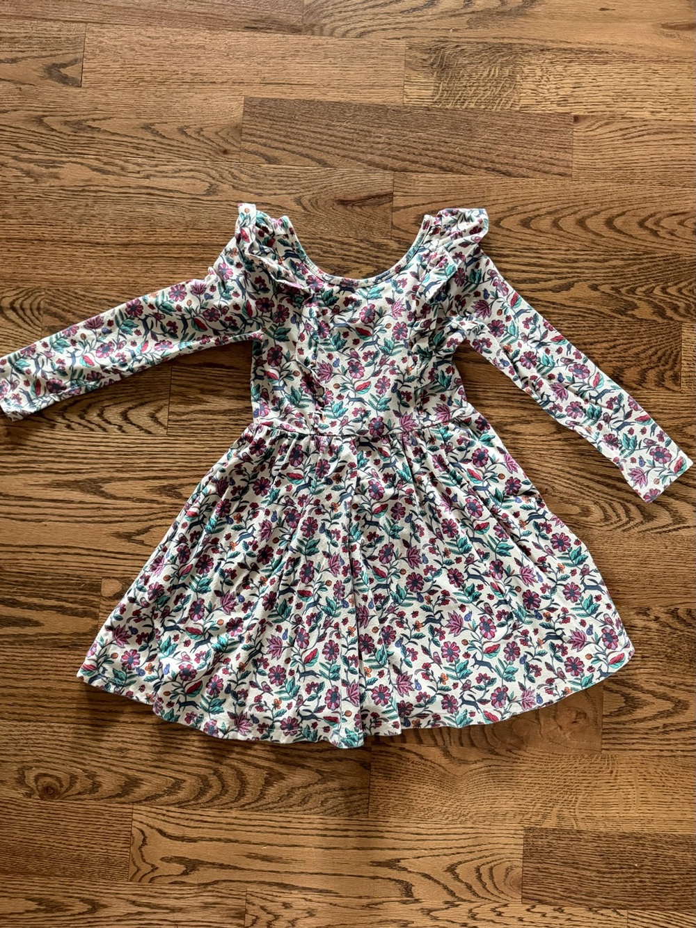 Girls Floral Long-Sleeve Ruffle Dress in White and Purple